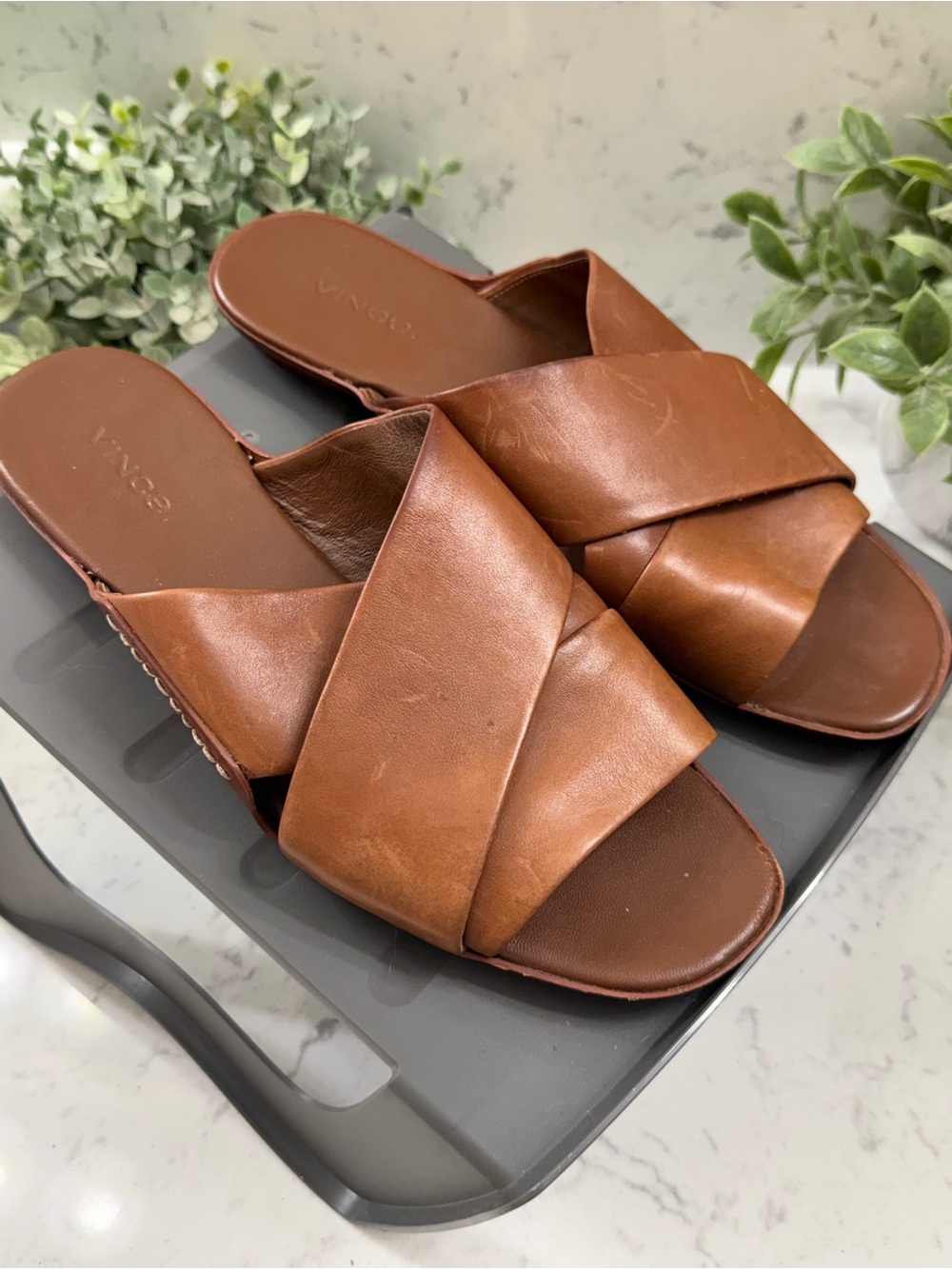 Vince Tamara Leather Slide Sandals Women Cognac